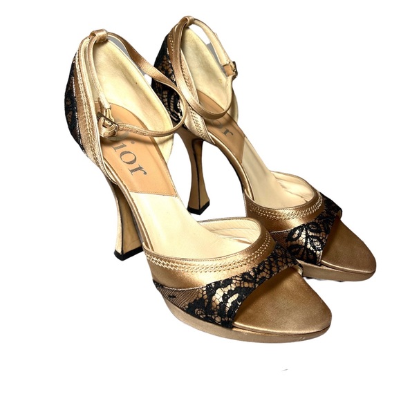 Dior Champagne Pink Satin Lace Sandal Heels Sz 37.5 - Picture 1 of 12